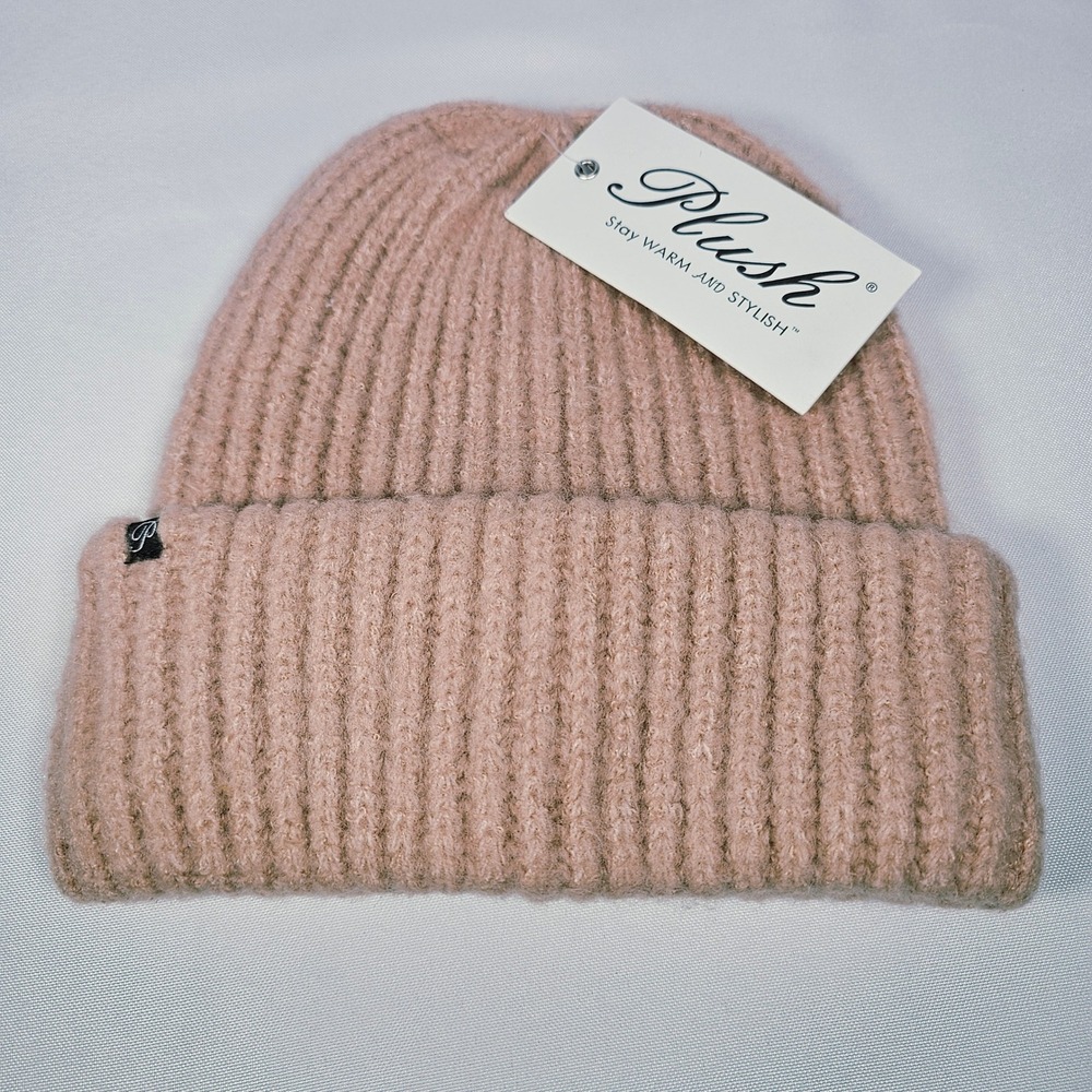 Plush Ribbed Knit Chunky Beanie Hat Dusty Pink Cozy‎ Warm Winter NWT